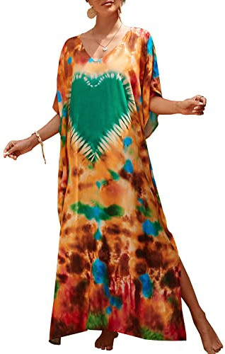 L-Peach Femme Longue Kaftan Maxi Robe Paréo de Plage pour Maillot de Bain Cover Ups
