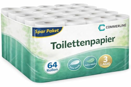 Commerline 64 Rullar Toalettpapper i 3 Lager | Toalettpapper | 3 Lager, 150 Ark Per Rulle | Högkvalitativ Cellulosa, Extra Mjukt Storpack/Bulk Mjukt & Hållbart För Företag