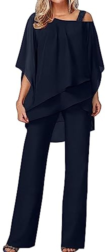 Sawmew Kvinnor Tyll Kvällskostym Sets Tvådelad Chiffongskjorta Och Byxdräkt Med Hög Midja Elegant Vintage 2-delads Set Outfit Cocktailparty Festlig Byxdress (Color : Dark blue, Size : XL)