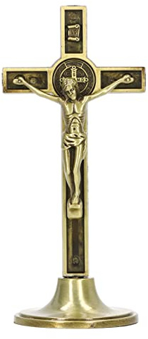 Tissting Crucifijo de Pie de 12 cm, Cruz Católica Pequeña de Mesa con Base Extraíble, Crucifijo Decorativo de Metal para Escritorio, Regalo para Hombres y Mujeres (color cobre)