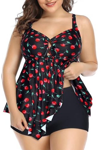 Maillots Deux Pièces Femme Tankini avec Short Bikini Femme 2 Pieces Découpé Dos Croisé Réglable Maillot de Bain Jupette Grande Taille pour Grossesse (2-Poires, 3XL)