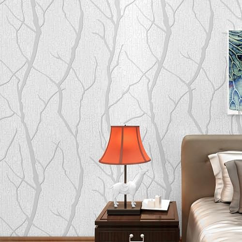 Trafagala Cream White Wallpaper 3D Embossed Striped Feature Branch Glitter Wallpaper Flocking Textured Modern Minimalist for Bedroom Living Room TV Backdrop Hallway Hall Lounge