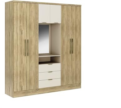 Vente-unique - Armario 6 Puertas y 3 cajones - con Espejo - 180 cm de Ancho - Color: Natural y Beige - ELORIO