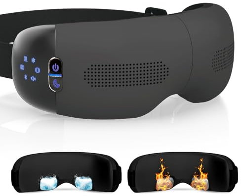 HubiCare Heated and Cooling Eye Massager with Soft Cushion Fit 3D Airbag Kneading Vibration for Dark Circles Puffiness Migraines Dry Eyes Sleep Bluetooth Music (Matte Black)