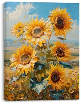 Piy Painting Cuadro en lienzo Girasoles en flor, Cuadro en Lienzo Flores Pintura al óleo, Impresión en lienzo Incorporado Cuadro Dormitorio Moderno para Cocina, Baño, Sala de yoga, Regalo 30x40cm