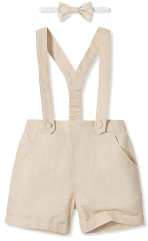 Volunboy Bebé Niño Pantalones Cortos con Tirantes, Verano Lino Shorts con Pajarita 3 Piezas
