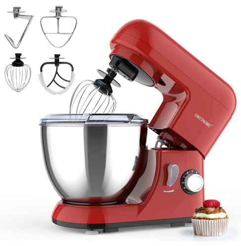 Robot pastelero, 4 l, robot pastelero, 1300 W, cocina, 6 velocidades, regulable, con cuenco de 4 l, de acero inoxidable, gancho para peterser, batidora*2, batidor de alambre, para repostería (rojo)