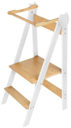 Lärningstorn för barn, Montessori 3i 1 observationstorn, hopfällbart bambu-lärtorn för barn, vit curry, 88 x 45 x 45 cm