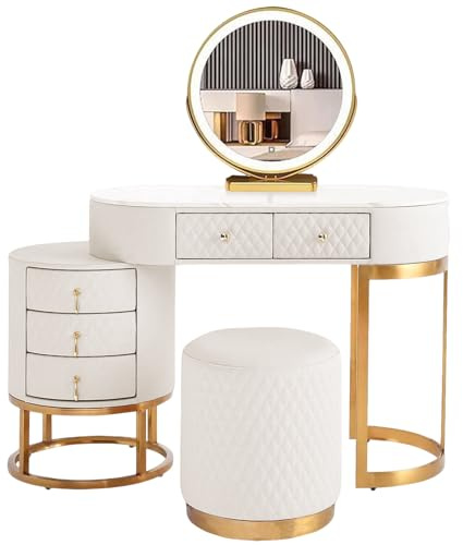 MiaJJooLi Sminkbord i konstläder med LED-spegel, flicka sminkbord sminkbord med pall och 5 lådor, upplyst dressing bord för små rum, vit 100 cm