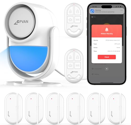 CPVAN Sistema de alarma para el hogar, alarma de sensor de movimiento PIR WiFi de 2.4 G, alarma inteligente inalámbrica para puerta/ventana para seguridad del hogar con alerta de aplicación de