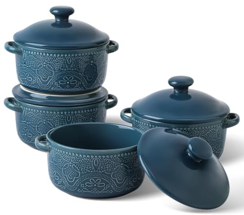 Mini Cocotte Set, 10 OZ Small Casserole Dishes with Lids, Ceramic Kitchen Casserole Sets With Handles, French Onion Soup Bowls, Soup Crocks for French Onion, Desserts, Beef Stew, Cereal, Pot Pies, Set of 4 (Blue)