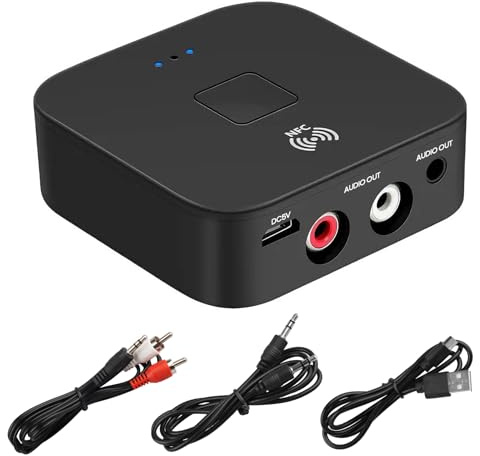 5.0 Bluetooth Audio Receiver Adapter 3.5mm AUX or RCA Input NFC Wireless Bluetooth Extender Wireless Receiver with Dual Interface for Car Laptop Speaker Home Stereo Theater Amplifier Audio Headphone