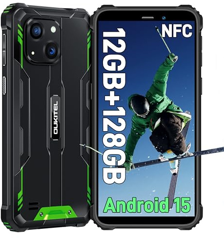 OUKITEL WP32 Móvil Rugerizado Android 15-6.0'' HD+ Pulgadas Movil Irrompible, Batería 6300mAh, 12GB+128GB(TF 1TB) Octa-Core Movil Todoterreno, 20MP+5MP, 3.5 mm, BT5.0, 90dB Altavoz, NFC, Verde