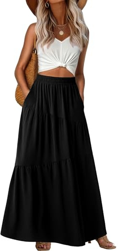 GRECERELLE Women's Balck Boho Maxi Skirt Casual Lightweight Tiered A-Line Flowy Elastic High Waist Long Skirts with Pockets for Beach Vacation, XL Black
