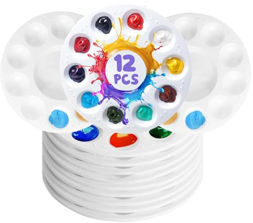 12 Pcs Round Paint Palettes – 15.8cm Plastic Paint Trays with 10 Wells & Central Reservoir, Stackable Mixing Palette for Watercolor Acrylic Oil Painting, Classroom Art Supplies