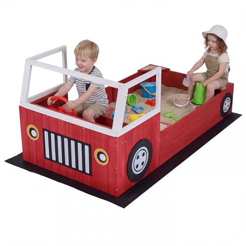 COSTWAY Arenero para Niños de Madera Maciza de Abeto, Arenero Infantil para Exterior con un Banco, Volante Giratorio, 2 Asientos y Alfombrilla, en Forma de Camión de Bomberos, 156 x 80 x 70 cm