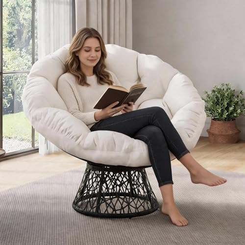 WEJIUAFB Papasan Fauteuil pivotant à 360° en rotin pour jardin et terrasse, cadre stable revêtu par pulvérisation, coussin en polyester épais de 180 g, beige, chaise ergonomique d'extérieur