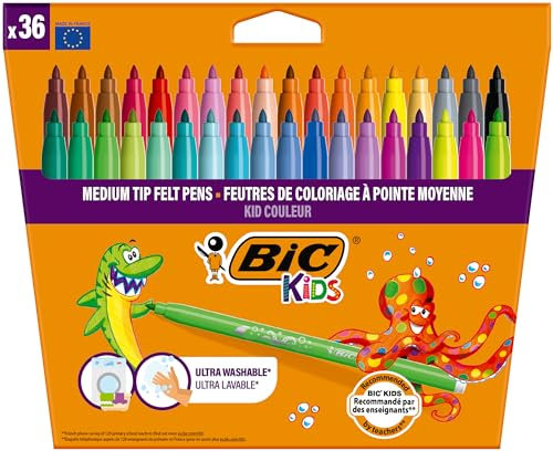 BIC Kids Kid Couleur - Feutres de Coloriage Lavables à Pointe Moyenne - Couleurs Assorties, Etui Carton de 36