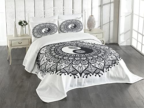 ABAKUHAUS Ying Yang Tagesdecke Set, Bohemian Mendi Kunst, Set mit Kissenbezug Mit Digitaldruck, für Einzelbetten 170 x 220 cm, Anthrazit grau Weiß