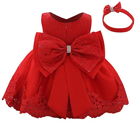 IWEMEK Robe de Baptême Sans Manches A-Line en Tulle pour Nouveau-né Fille - Première Communion, Demoiselle d'Honneur, Soirée, Mariage, Noël - Bowknot Dentelle - Rouge 06 - 6-9 Mois