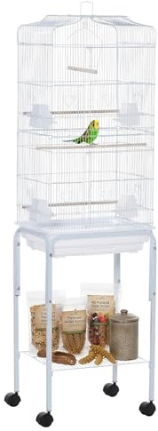 PawHut Gabbia per Uccelli, Voliera in Metallo e Acciaio con Ruote, Trespoli e Ciotole, 46.5x36x157cm, Bianco