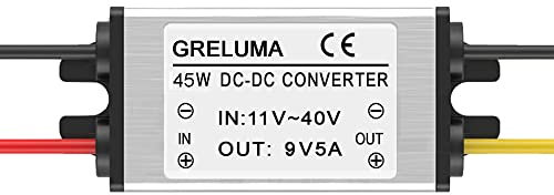 Greluma 1Pz DC 12v 24v a 9v Convertitore step-down Regolatore 5A 45W Adattatore di alimentazione Riduttore per auto Elettronica Camion Veicolo Barca Sistema solare (Ingressi DC 11-40V,Certificato CE)