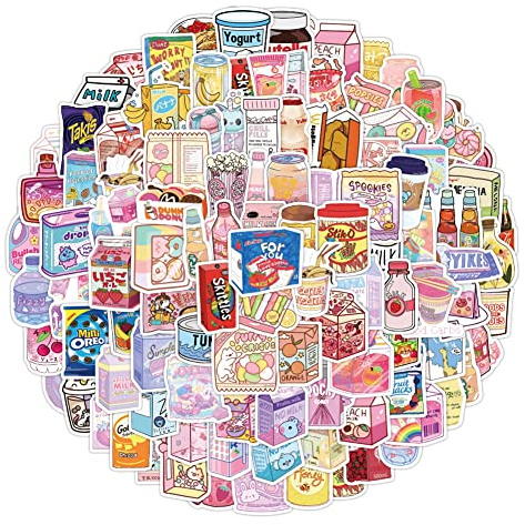 MIDUOLE Stickers, 100 Pcs/Pack Snack Theme Cute Trendy Waterproof Stickers for Water Bottles, Laptop, Computer, Skateboard, Phone, Travel Case, Notebook for Teens Kids Girls Adults.