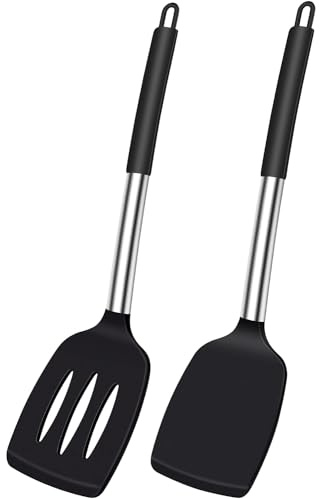 Silicone Spatula Set of 2, Non-Stick & Heat Resistant Kitchen Turner - BPA-Free Solid and Slotted Spatulas for Flipping Eggs, Pancakes, Baking, Frying - Safe for Non-Stick Pans