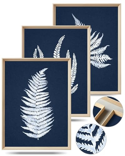 UPWOIGH Framed Wall Art(No Plexiglass), Minimalist 30x40CM Wood Botanical Wall Decor, Fern Plants Framed Prints, White Leafs Tropical Plants,Blue Naval Background High-Frame Process, Set of 3