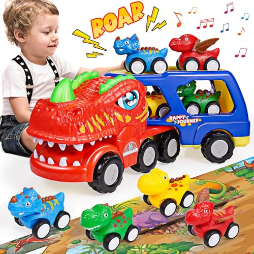 EUCOCO Dinosaurier Spielzeug, Kinderspielzeug ab 1 2 3 4 5 6 Jahre LKW Spielzeug ab 1-6 Jahre Geschenk Jahre Junge Auto Dino Geburtstagsgeschenk Jahre Junge Autotransporter