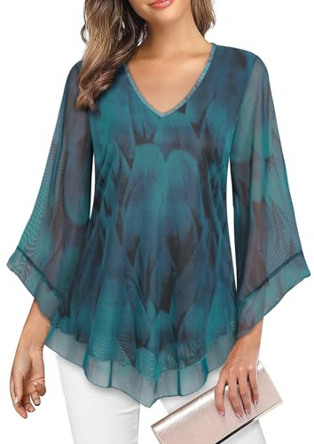 Gemulate Peacock Tunic Tops for Women UK Womens Overlap Ruffle Sleeve V Neck Elastic Mesh Blouse Loose Flowy Ladies Evening Tops Ladies 3/4 Bell Sleeve Top - Peacock Blue, L