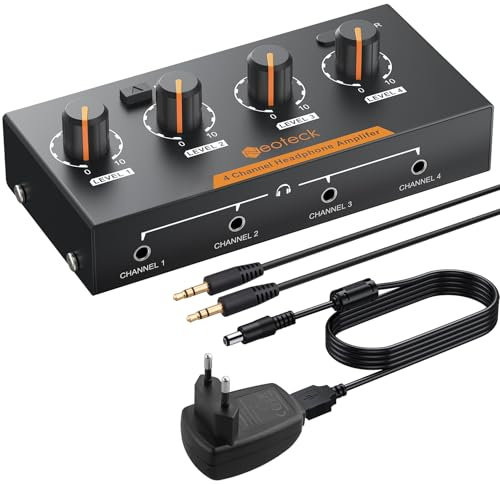 Neoteck Amplificadores para Auriculares 4 Canales Amplificador de Auriculares Estéreo con Control de Volumen y 3,5mm Cable de Audio Amplificador Estéreo de Metal para Grabaciones Mezclas