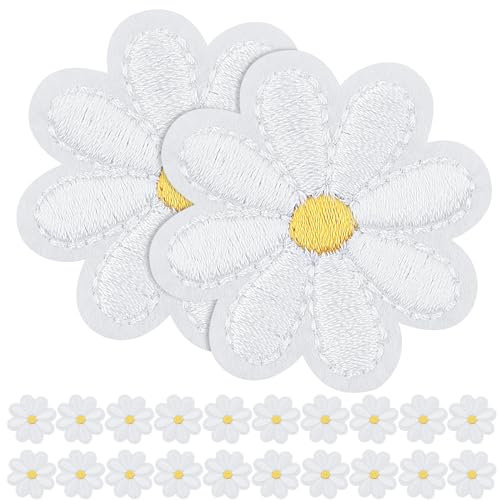 AiQInu 20 Stück Bügelflicken Patches zum Aufbügeln Gänseblümchen, 4x4 cm Flicken zum Aufbügeln, für zum Dekorieren von Bekleidung, T-Shirt, Rucksack, Hoodies, Schuhe, Taschen (Weiß)