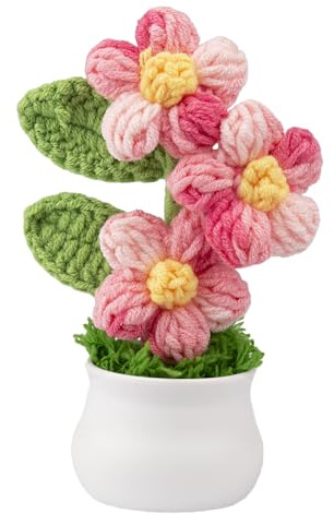 Knitting Crochet Puff Flowers Potted Plants, Gradient Colorful Fake Flowers
