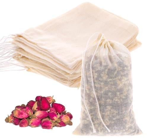 Piriuuo 25 Stück Gewürzsäckchen, Gewürzbeutel zum Mitkochen Teebeutel aus Baumwolle Umweltfreundlich und Wiederverwendbar Musselinbeutel mit Kordelzug für Tee, Kaffee, Filter, Gewürze(10 * 8 cm)