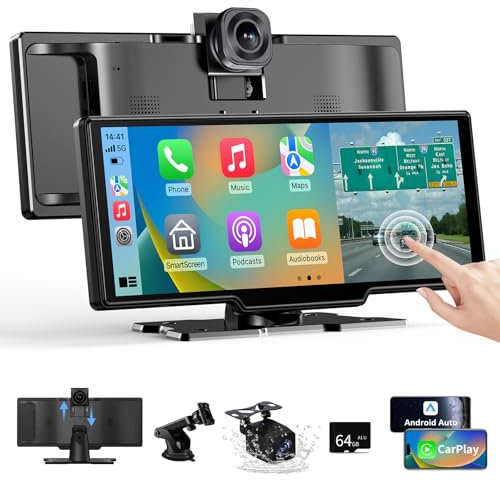 10.26 Wireless CarPlay Android Auto, Car Play Screen Car Tablet with 4K Front Camera and 1080P Rear Camera, Android Auto Carplay Screen for Car IPS Touchscreen with Bluetooth 64G SD Mirror Link AUX