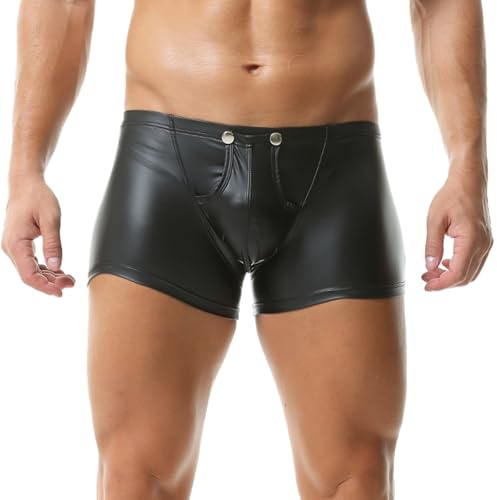YOOBNG Men's PU Leather Boxer Shorts Elastic Waist Rave Hot Short Pants Open Front Clubwear Black
