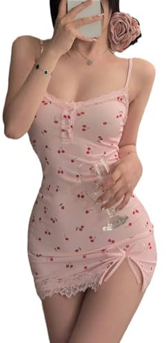 MIZSPISE Damen Nachthemd Sexy Negligee Nachtwäsche Kurz Nachtkleid Unterkleid Floral für Frauen (rosa-Kirsche, Einheitsgröße)