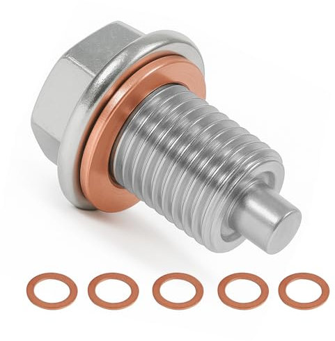 Magnetic Oil Drain Plug M14x1.5 Stainless Steel Sump Differential Oil Drain Plugs Nut Bolt with 5Pcs Copper Crush Washer Gaskets Replacement Universal for Most Car Motorcycle Boats