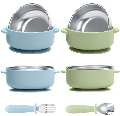 MOJINL 4 Stück Baby Schüsseln mit Saugnapf, Breischale Baby Edelstahl mit Babybesteck, BPA-Frei Kinderschüssel Kinder Schale Rutschfest Essen Geschirr Set für Babys Kinder Kleinkinder Säuglinge