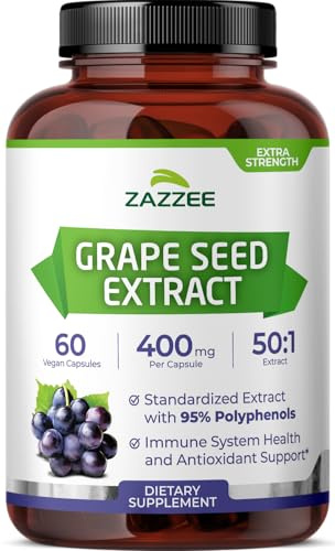 Zazzee High Strength Grape Seed 50:1 Extract, 60 Vegan Capsules, 95% Polyphenols, 400 mg per Capsule, 2 Month Supply, Antioxidant, Circulation & Blood Flow Support, Non-GMO, Made in the USA