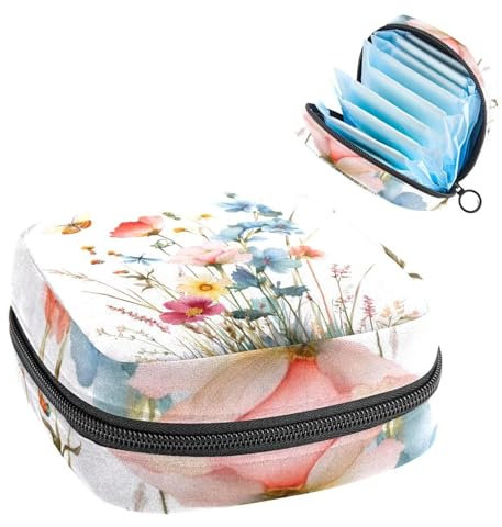 Watercolor Wildflowers Herbs and Grass with Butterfly Sanitary Napkin Storage Bag, Large Menstrual Cup Pouch with Zipper, Period Pads Bag Store Panty Liners Tampons for Girls Women