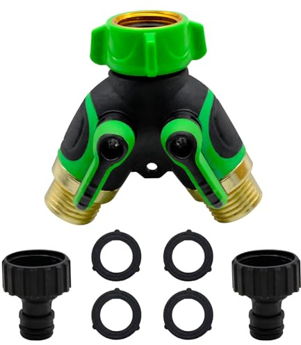 AMJKEJI Adaptador Grifo Manguera 3/4 Divisor de Grifos 2 Vías Grifos Doble Jardín Y 2 Interruptores Rotativos, Grifo Doble Lavadora, Accesorios Manguera Jardin, Verde