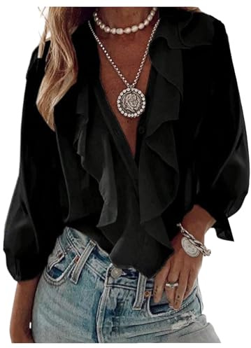 GORGLITTER Women's Ruffled Top Blouses Dressy Business Casual Button Up Long Sleeve V Neck Shirts Work Office Outfits Black Medium