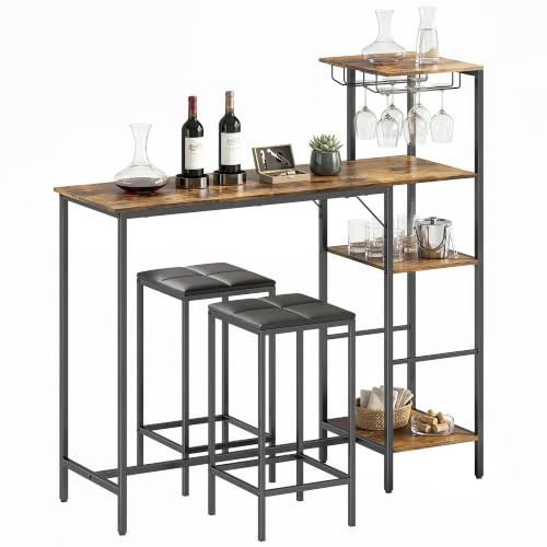 HOMCOM 3 Piece Breakfast Bar Table and Stools Set, Rustic Brown | Dining Table, 4-Tier Shelving, Glasses Holders, 2 PU Leather Bar Stools, Footrest, for Kitchen, Dining Room, Pub