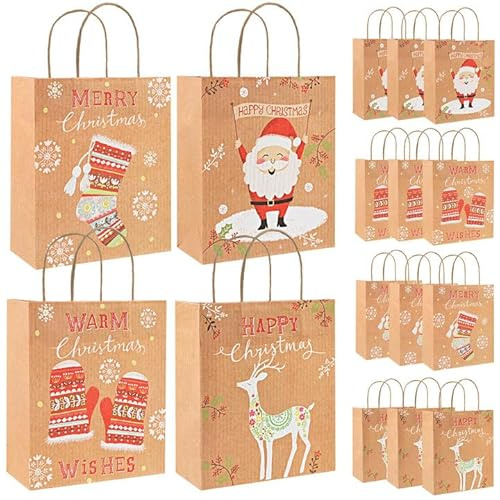 GWHOLE 12 Stück Geschenktüten Weihnachten Papiertüten mit Henkel Geschenktaschen (Weihnachtsmann, 26cm×21cm×10cm)