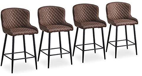 CLIPOP Barstool Set of 4 Faux Leather Kitchen Stools with High Backs and Metal Legs, Breakfast Bar Stools for Pub Counter (Brown)
