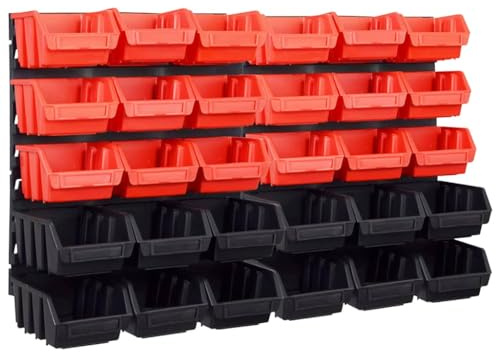 vidaXL Sichtlagerkasten Set 32 tlg., Sichtlagerbox mit Wandhalterung, Stapelbox mit 2 Werkstatt Wandplatten, Lagerbox Lagerkasten, Rot Schwarz