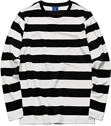 Zengjo Striped Long Sleeve Shirt Men-Crewneck Tshirt Cotton Spandex (Black/Off White,XL)