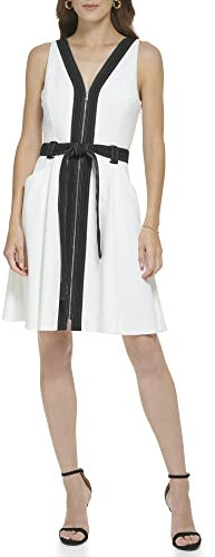 DKNY Damen Fit and Flare Gürtel zum Selbstbinden Kleid, Elfenbein/Schwarz, 34